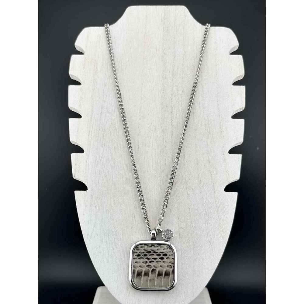 Ann‎ Taylor Necklace Silver Tone Gray Snakeskin Square Pendant Curb Chain